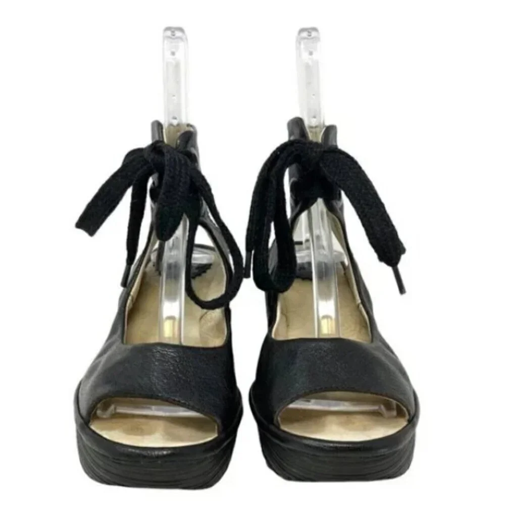 Fly London Yaba Black Leather Lace Up Open Toe Wedge Platforms - Size 6.5